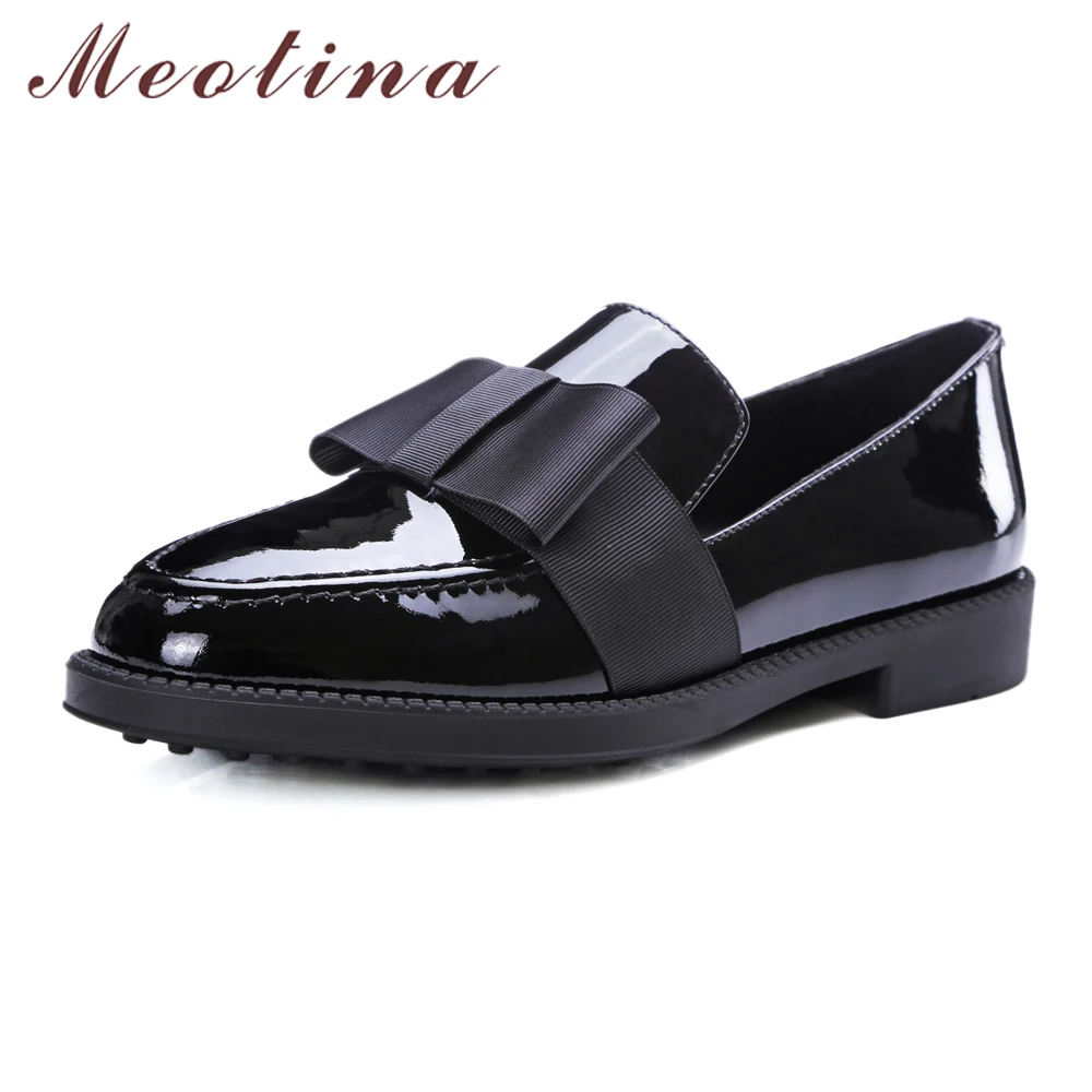 

Meotina Genuine Leather Shoes Women Bow Round Toe Shoes Low Heels Chunky Heel Loafers Real Leather Bow Ladies Pumps Size 34-40