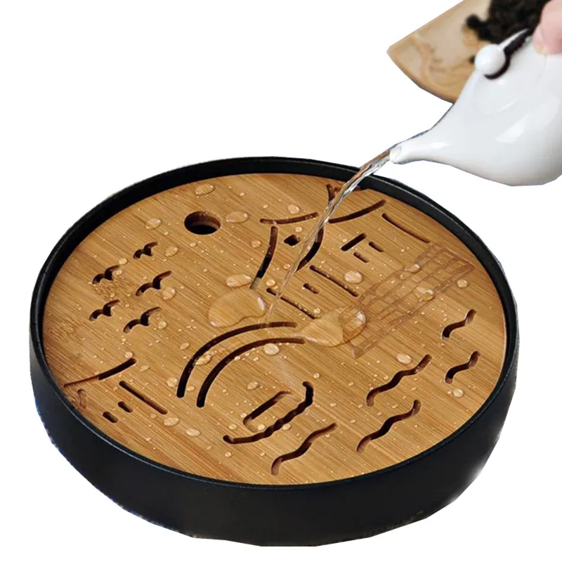 2.1Ceramics Bamboo Tea tray Drainage Water storage Kung Fu Tea set room Board table Chinese Japanese tea cup ceremony tools Tea Set