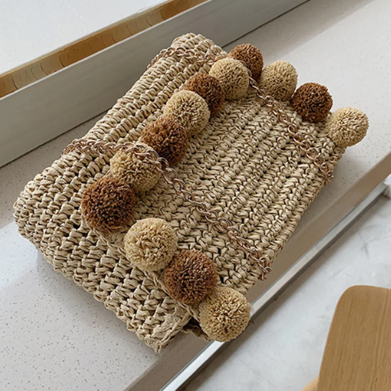New Hair Ball Beach Bag Straw Clutch Bag Envelope Lady Ladies Day Summer Chain Messenger Bag