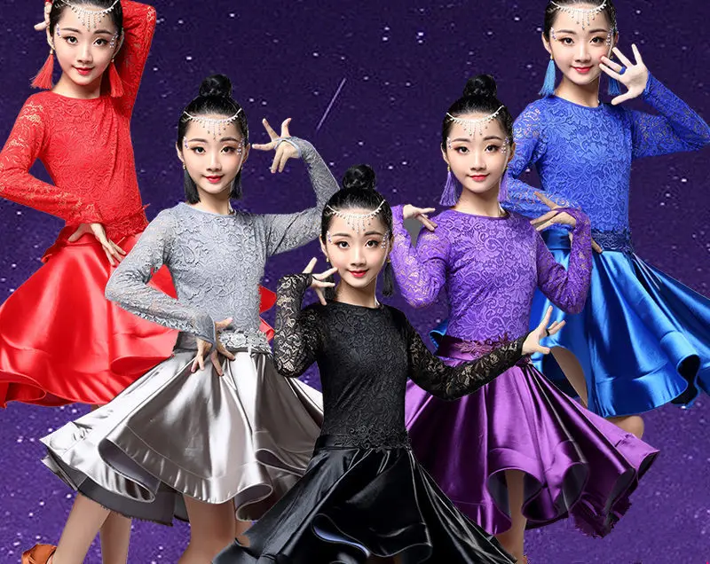 

Latin Dance Dress For Girls Long Sleeve Lace Standard Ballroom Dancing Dresses For Kids Performance Wear Salsa Clothes