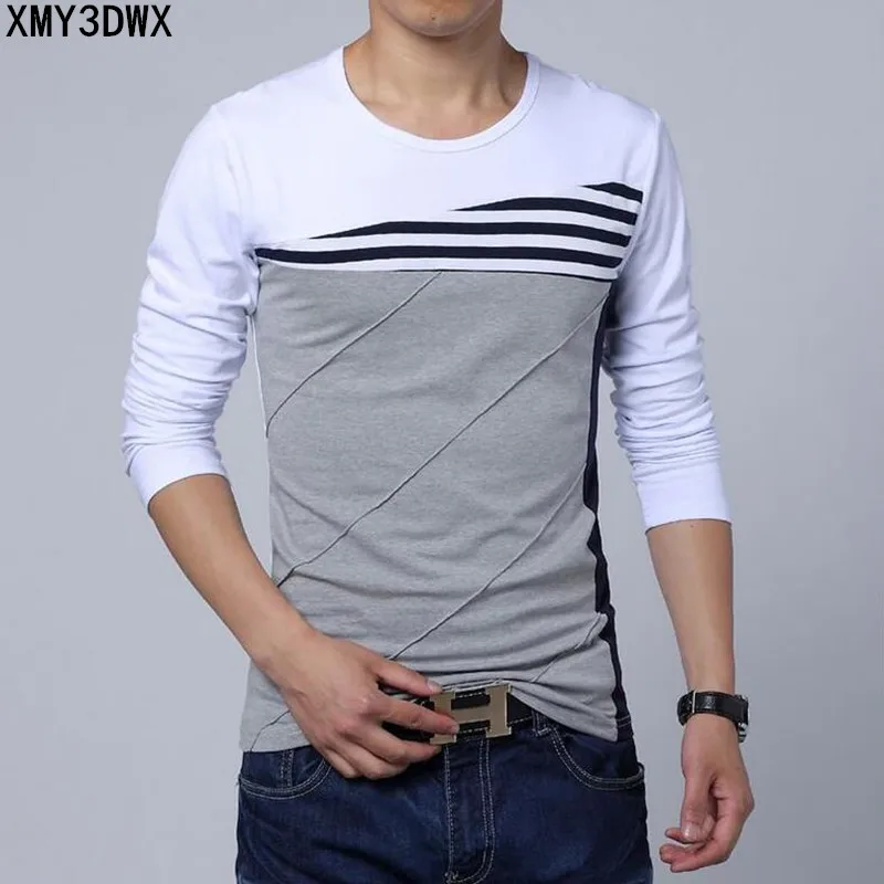 2017 Spring Autumn New Men Patchwork Striped Round Neck