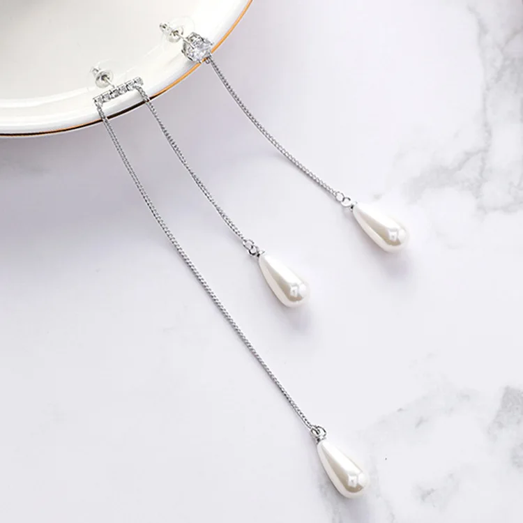 

Korean Simple Shiny Cubic Zircon Long Chain Drop Earings Asymmetric Simulated Pearls Dangle Earring for Women Wedding Party Gift