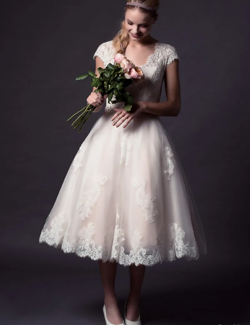 Vintage 2015 New Tea Length V neck White Ivory Applique Lace Organza