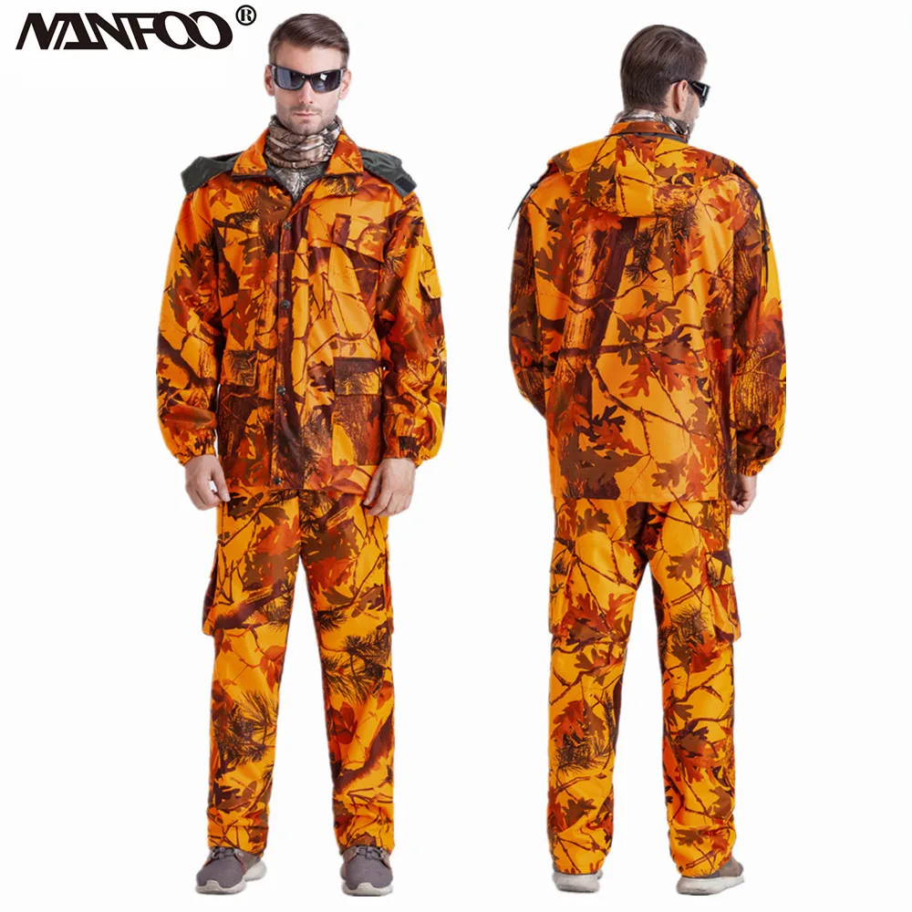 

Maple Leaf Bionic Camouflage Hunting Fishing Suit Orange Camo Hooded Suit Windproof Waterproof Fishing Suit Durable Jacket Pants