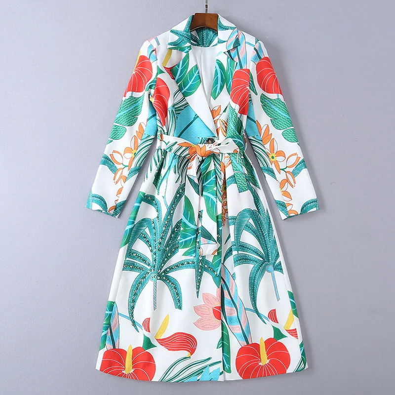 

New 2018 autumn women tailored collar beading Trench coat high quality floral print elegant overcoat D725