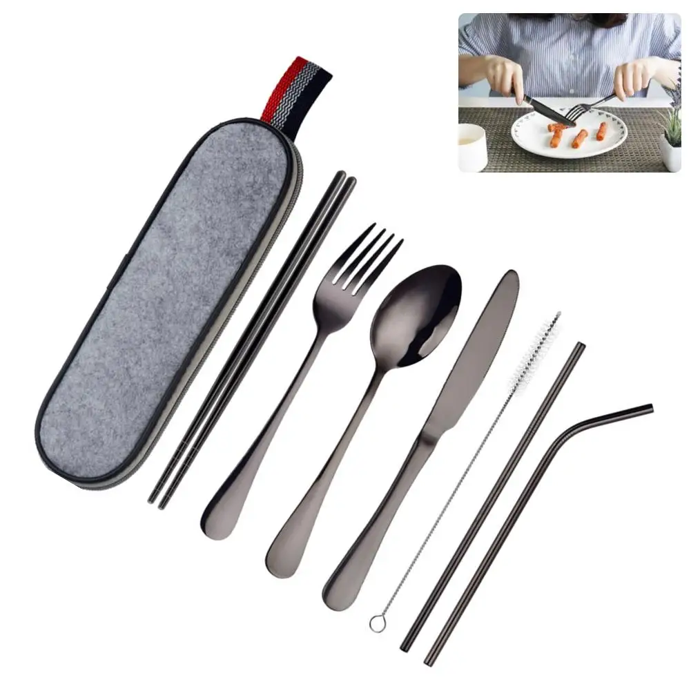 8Pcs Portable Flatware Stainless steel Spoon Chopsticks Cleaning Brush Set Silverware Travel Utensils Set with Case Straw