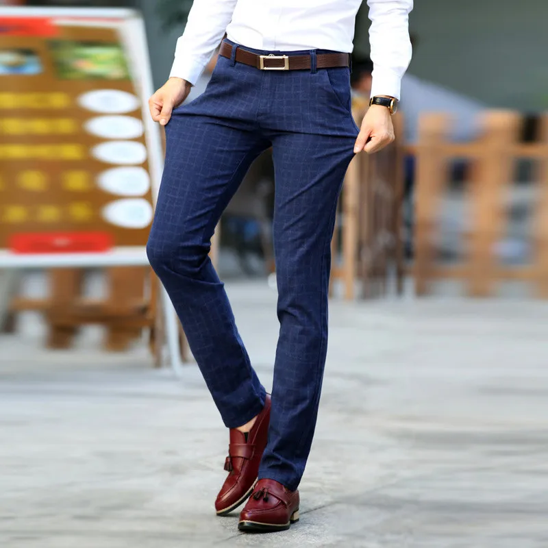 Размер 28-38 новые мужские модные повседневные брюки клетчатые тонкие Стрейчевые Узкие хлопковые длинные прямые деловые брюки, штаны высокого качества