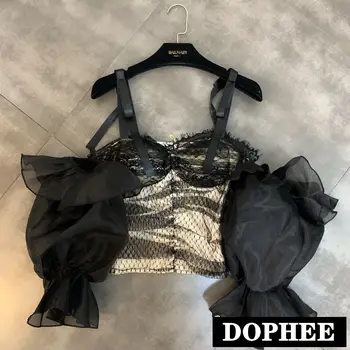 

2019 Summer New Ribbon Pull Shoulders Puff Sleeve Stitching Lace Blouse For Girls