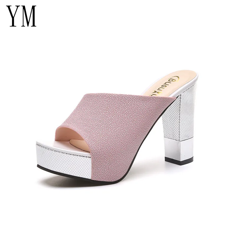 Fashion Summer Women Elegant Pink High Heel Sandals Peep Toe Platform Shoes Sexy Crystal Chunky Heel Shoes Lady Thick Heel 34-39