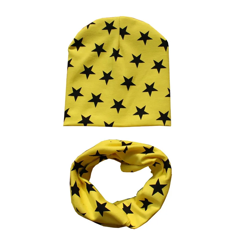 yellow stars Г. Весенний Детский комплект с шапкой, осенне-зимний шарф с воротником для мальчиков и девочек, теплый шейный платок, детские вязаные шапки, комплекты хлопковая детская шапка, шарф - Цвет: yellow stars