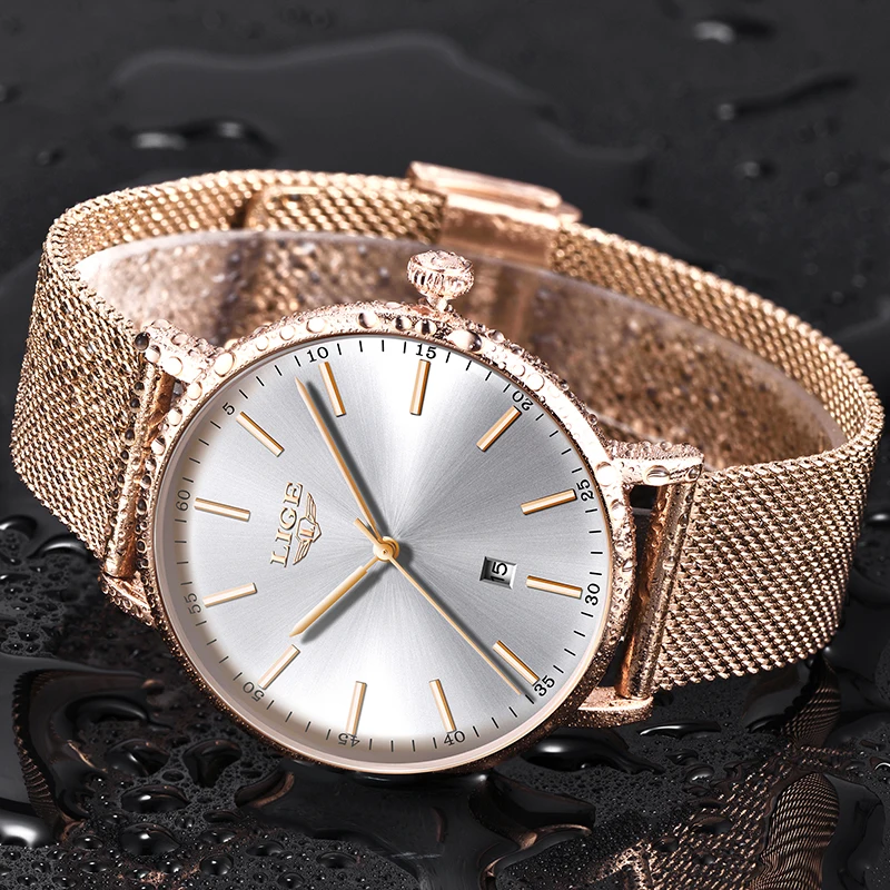 LIGE Gold Sliver Mesh Stainless Steel Watches Women Top Brand Luxury Casual Clock Ladies Wrist Watch Relogio Feminino +3B