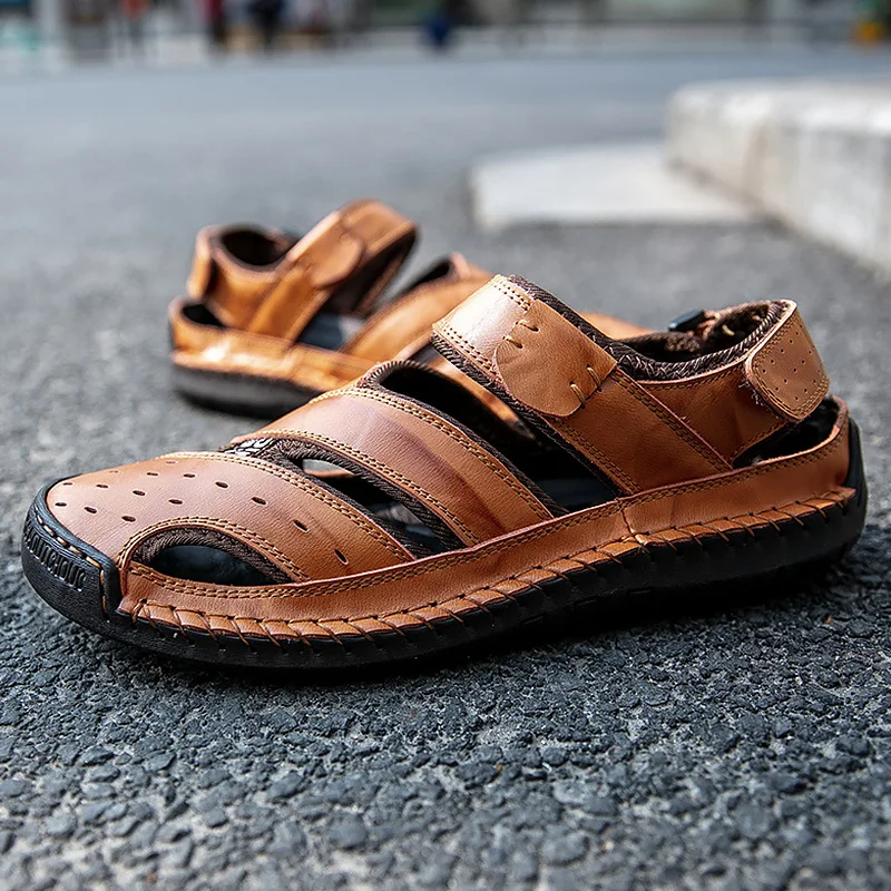 

Hollow Mens Sandals Summer Large Size 45-48 Hook Loop Clogs Beach Sandals Leather Sewing Comfortable Walking Shoes Male
