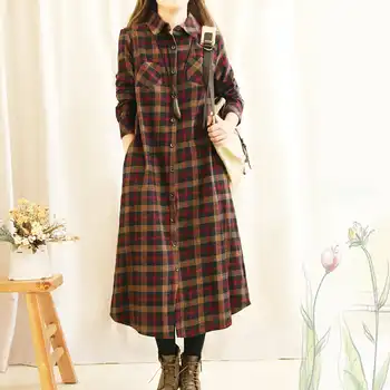 Vintage Plaid Women Long Dress Autumn Spring Extra Thick Length Mori Girl Loose Autumn Preppy Style Dress Classic Casual Dress