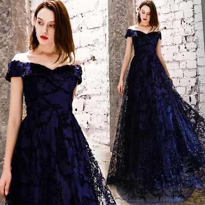 DEERVEADO YS454P длинные платья для выпускного вечера Новая коллекция Тюлевое кружевное сзади торжественное платье женские вечерние платья платье для выпускного вечера - Цвет: Navy Blue