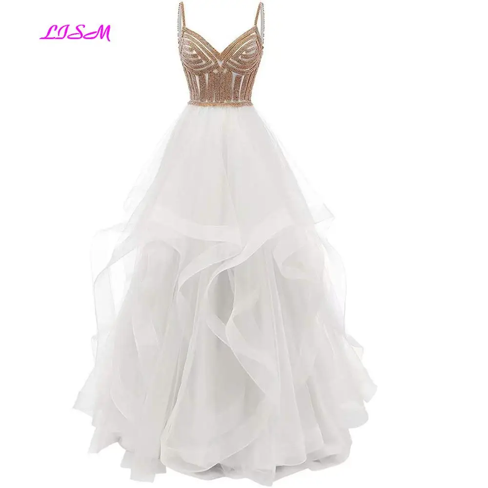 Tulle Crystal Beaded Long Prom Dresses Tiered Formal Evening Dress Spaghetti Straps Sweetheart Ball Gown Princess Party Gowns Prom Dresses Prom Dresses