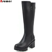 ASUMER/Новое поступление; модные женские сапоги; женские сапоги из искусственной кожи высокого качества с круглым носком на молнии; сапоги до колена на платформе с квадратным каблуком и пряжкой