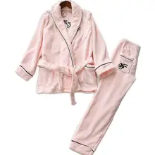 Модные зимние женские фланелевые комплекты пижамы с поясом свободные пижамы утолщенная Ночная одежда теплая домашняя одежда