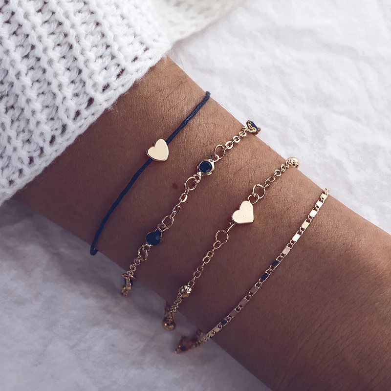 

Fashion accessories handmade weave rope chain beaded beads crystal heart 4 pieces set Bracelets for women jewelry bangle gift