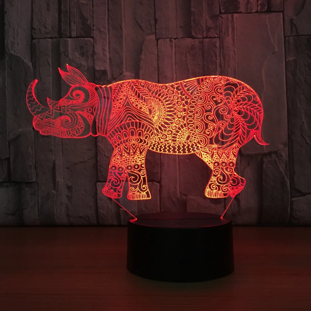 Носорог 3D Night Light 7 цветов свет настольной лампы Атмосфера дома декоративные огни 753