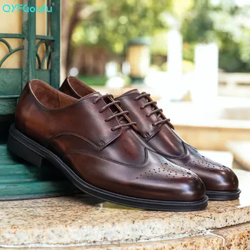

QYFCIOUFU Vintage Genuine Leather Men Dress Shoes Adult Pointed Toe Wedding Fashion Office Elegant Business Formal Brogue Shoes