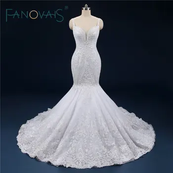 شراءفاخر لؤلؤ فساتين زفاف دانتيل Gelinlik قطار طويل Vestido De Novia 2019 السباغيتي الأشرطة زي العرائس
