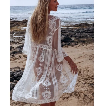 

2020 Womens Lace Mesh Cover Ups Cardigan White Beach Dress Swimwear Kimono Hollow Out Swimsuits Covers-Ups