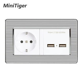 

Minitiger EU Standard Wall Power Socket With Dual USB Smart Induction Charge Port For Mobile 5V 2.1A Stainless Steel Panel