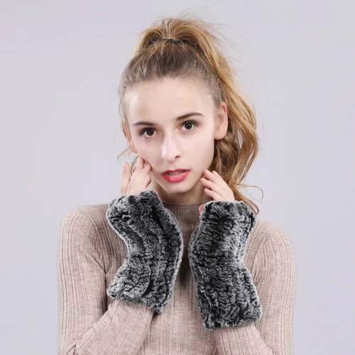 Good Elastic Women Real Genuine Knitted Rex Rabbit Fur Fingerless Gloves Mittens Warm Natural Rex Rabbit Fur Gloves - Color: gray