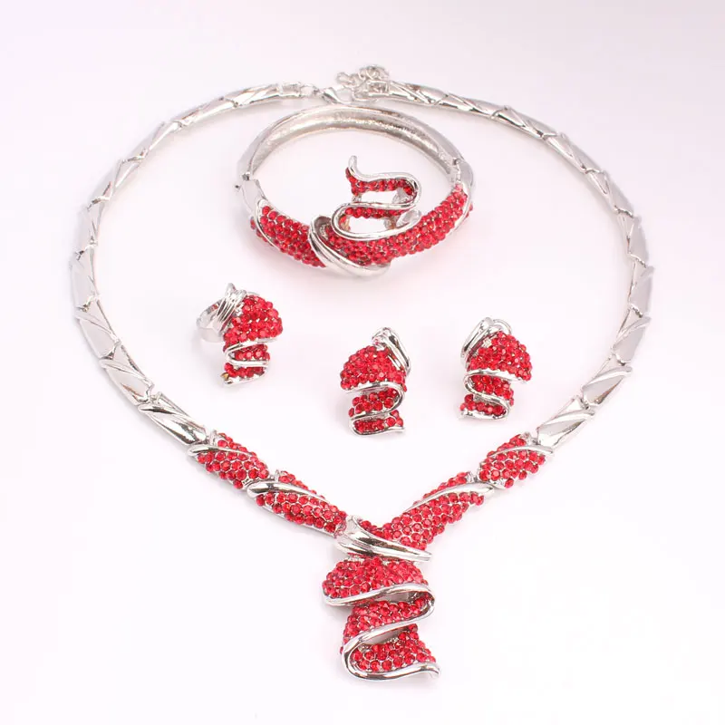 Африканский набор украшений для женщин вечерние аксессуары посеребренные красные стразы свадебное ожерелье серьги Ювелирные наборы