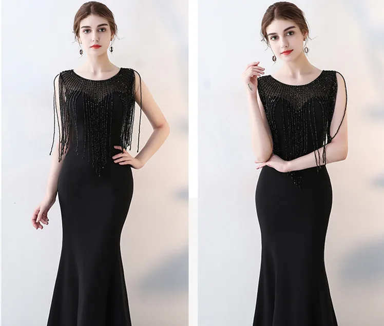 JaneVini Vestidos сексуальное черное платье с бисером для матери невесты Сатиновые Длинные бальные платья русалки Vestito Lungo