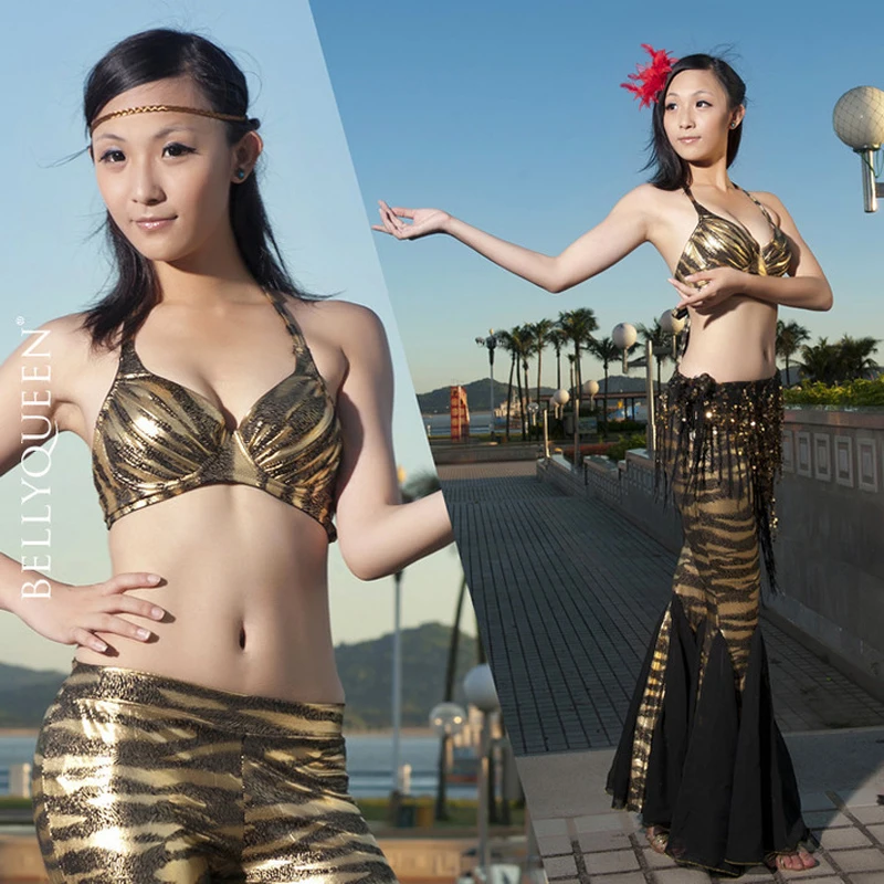 

Belly Dance Costumes Set black gold zebra pattern bra top and fishtail pants 2pc set #605 Hot For Sale SF46