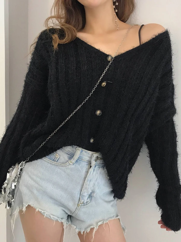 Nagodo Crochet Jackets Short Coat Korean V-neck Solid color Cardigan Sweater Woman Poncho Knit Jumper streetwear