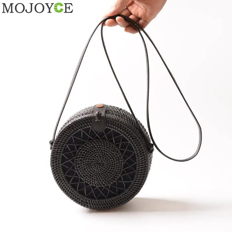 

New Black Round Rattan Bags For Women Boho Beach Crossbody Bag Straw Handmade Woven Circle Shoulder Bag Female Handbags
