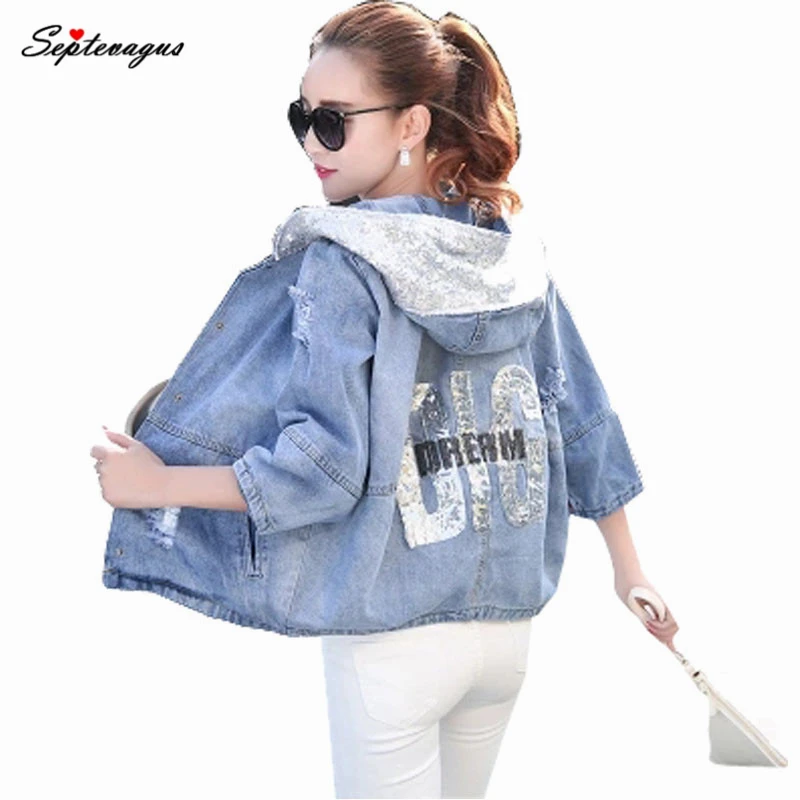 

Spring Autumn Oversized Jeans Jacket Women 2019 Loose Sequin Hooded Jean Jacket Coat Female Ripped Boyfriend Denim Jackets