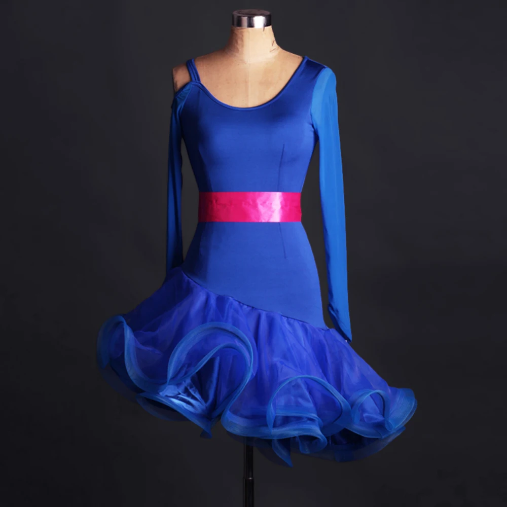 

2016 Woman Latin Dance Dress&Belt 2Pcs Royal Blue Round Collar Ruffle Skirt Regata Feminina Rumba Samba Paso Doble Dancing