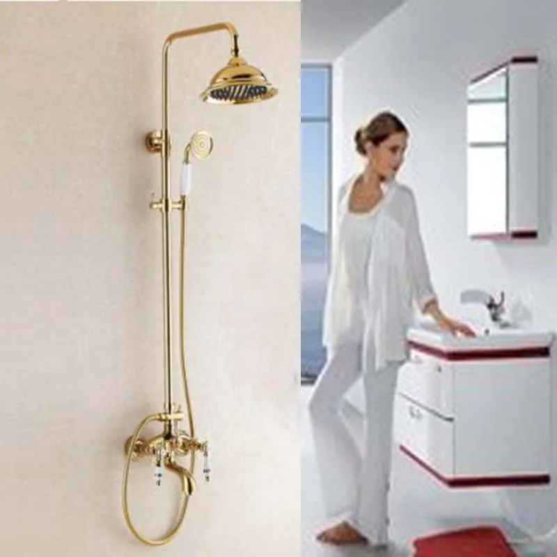 Ceramic Handles Golden Shower Faucet Hand Sprayer Tub Spout Mixer Tap Wall Mount Dual Handles