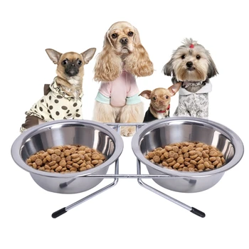 

Stainless Steel Double Pet Bowls Dog Cat Water Food Non Slip Feeding Station