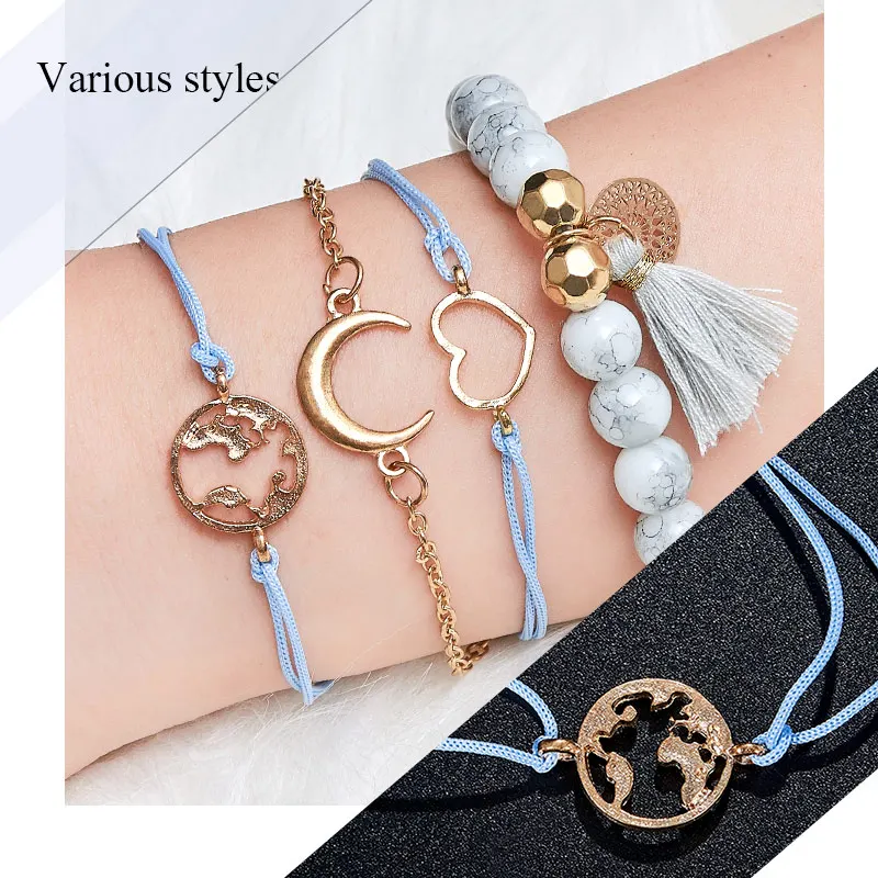 

QCOOLJLY Bohemian White Beads Chain Bracelets Bangles For Women Fashion Moon Heart Gold Color Chain Bracelets Sets Jewelry Gifts