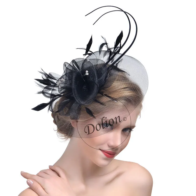 سيدة بريطانية فيدورا قبعة بنات حزب fascinator سباقات الخيل ريشة قبعة العروس الشعر التبعي صافي غزل الشعر headwear B-8296
