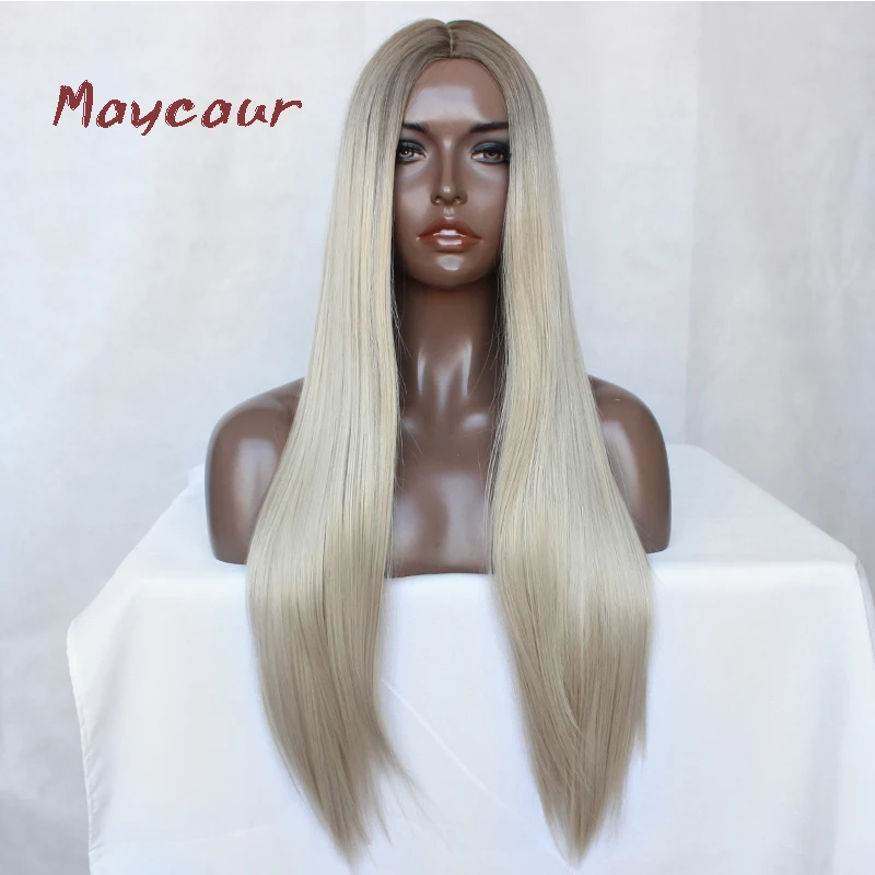 

Maycaur Hair Long Straight Hair Ombre Blonde Color Synthetic No Lace Wigs Middle Part Silk Top Hair Wigs for Black Women
