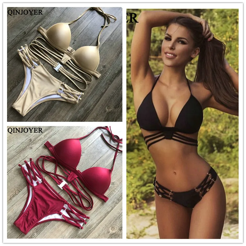 Conjunto de Bikini Sexy con tiras Halter traje de baño sin espalda traje de baño para mujer Bikini negro sólido brasileño Biquini Push Up traje de baño Conjunto de Bikini Sexy con tiras Halter traje de baño sin espalda traje de baño para mujer Bikini negro sólido brasileño Biquini Push Up traje de baño