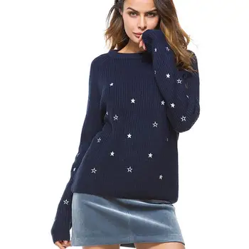 

2018 Women Warm Sweater Autumn Winter Stars printed Cotton Loose Casual Pullovers O-neck knitted Sweater