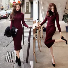 Bottoming Dress Women Long Turtleneck Long Sleeve Ladies Solid Color Strip Slim Knit Dress Winter Female Casual Knitted Dress 