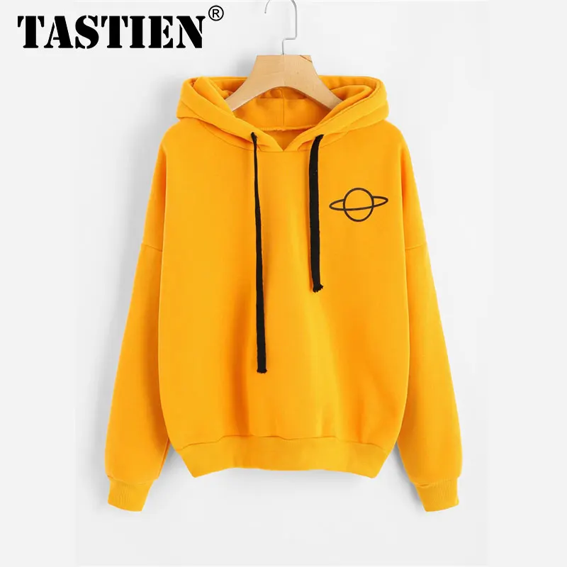 

TASTIEN Planet Print Drop Shoulder Hoodie Women Yellow Pullovers 2018 Spring Autumn Ladies Hooded Full Sleeve Sweatshirt