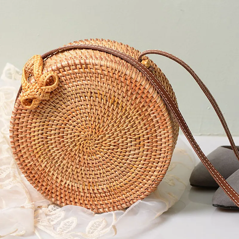 

Fashion Travel The Rattan Bag Plain Crossbody Beach Bag Butterfly Knot Garden Style Beacbag Round Straw Bag