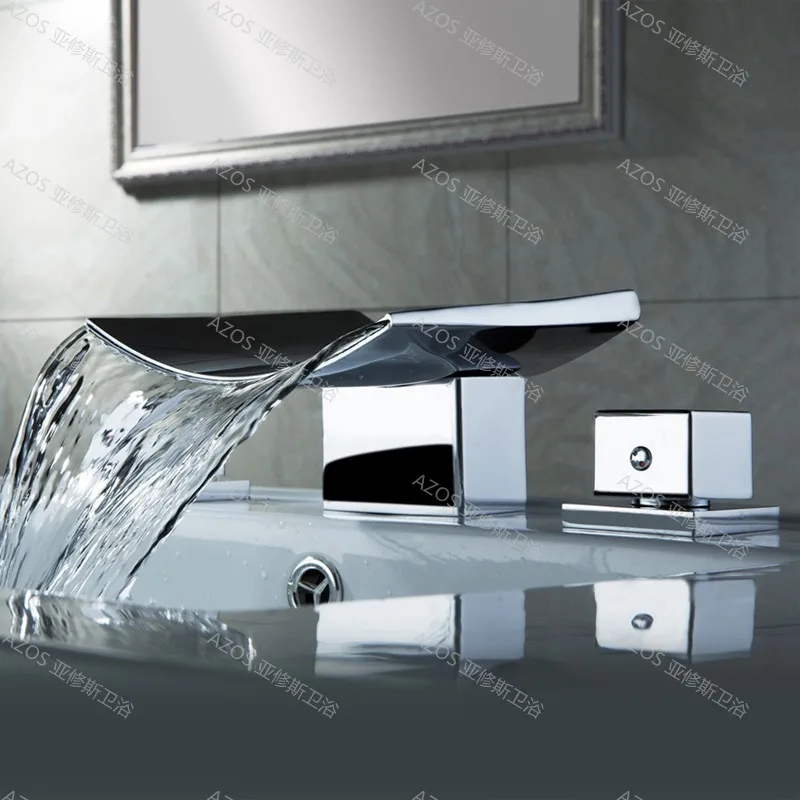 

Luxury Chrome Silver Waterfall Deck Mounted 3 Holes Hot and Cold Water Mixer Sink Tap Bathroom Basin Faucets MPSK005