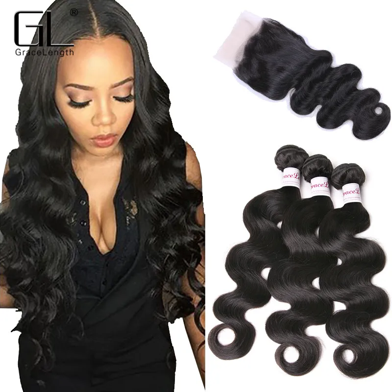 GraceLength Brazilian Body Wave With Closure 3/4 Bundles With Closure Brazilian Virgin Hair With Closure Human Hair With Closure