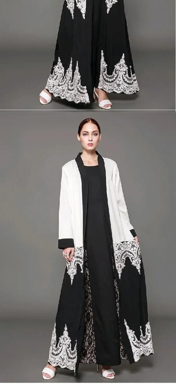 Модные кружевные лоскутные мусульманские женские abaya, черные, белые, смешанные цвета, открытые спереди, большие размеры, 5XL, свободное