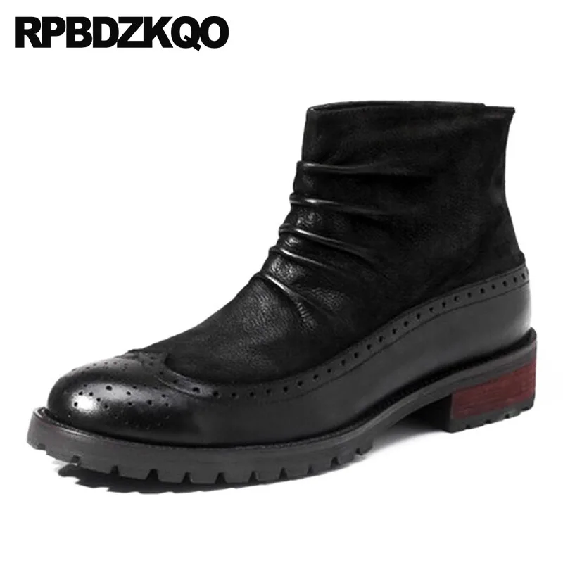 

Genuine Leather Zipper Shoes High Top Ankle Brogue Chunky Patchwork Wingtip Autumn Luxury Booties Winter Men Boots With Fur