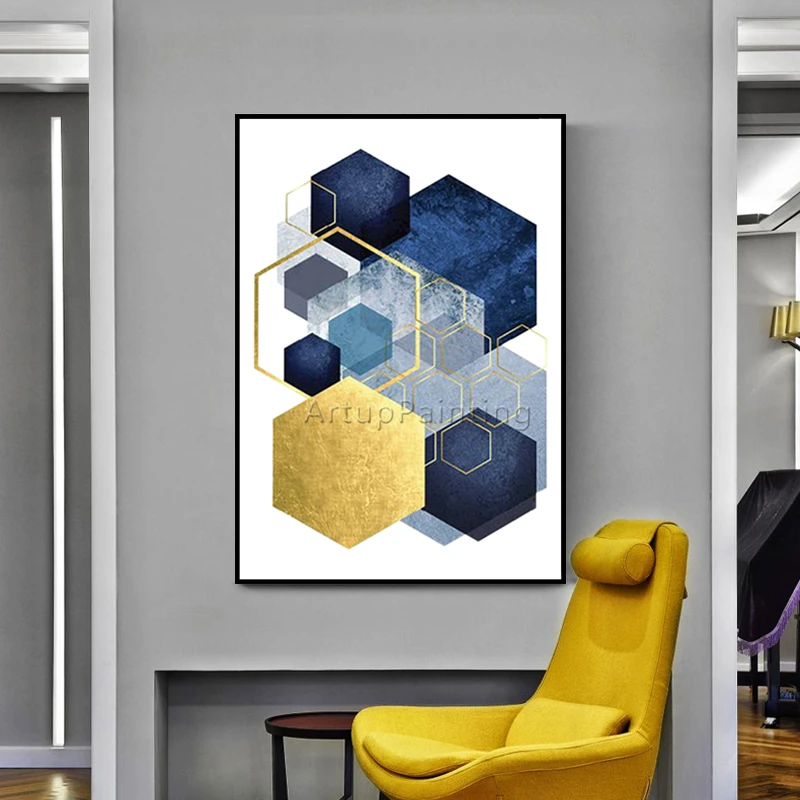Geometric Gold Blue Acrylic Morden Abstract Painting on Canvas Hand Painted Wall Art Pictures for Living Room Home Decoracion